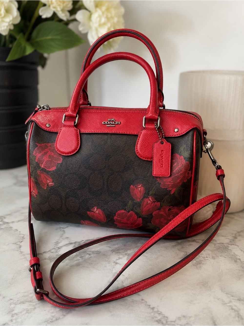 Coach F25870 Signature Floral Rose Handbag Red Brown Crossbody Bag NWOT